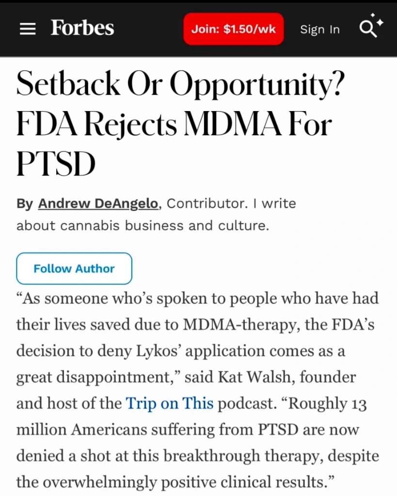 Forbes article quoting Kat Walsh on the FDA&rsquo;s decision regarding MDMA therapy for PTSD.