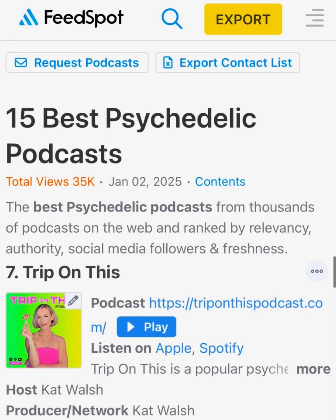 FeedSpot ranking Trip On This among the best psychedelic podcasts.