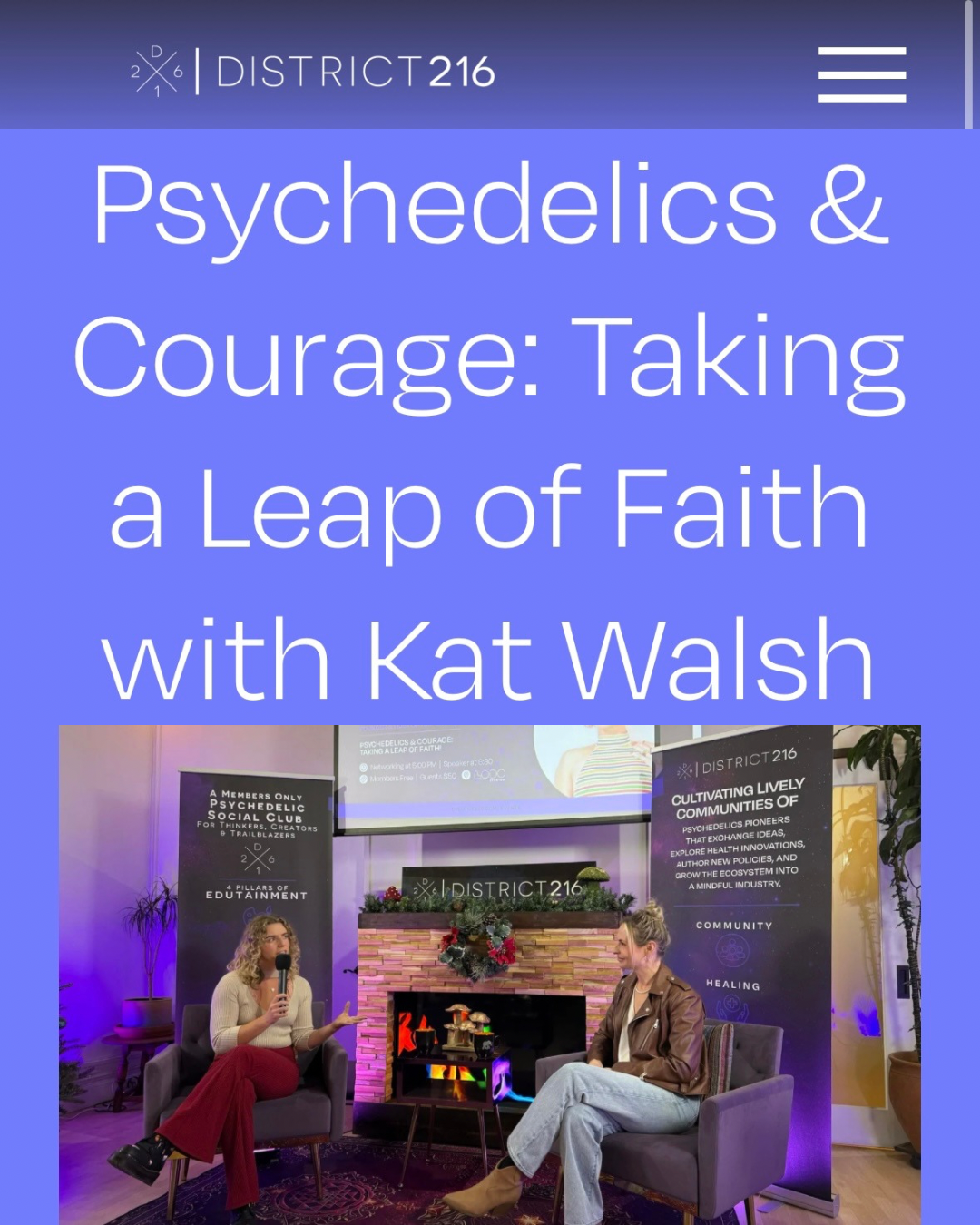 District 216 article preview titled &ldquo;Psychedelics & Courage: Taking a Leap of Faith with Kat Walsh.&rdquo;