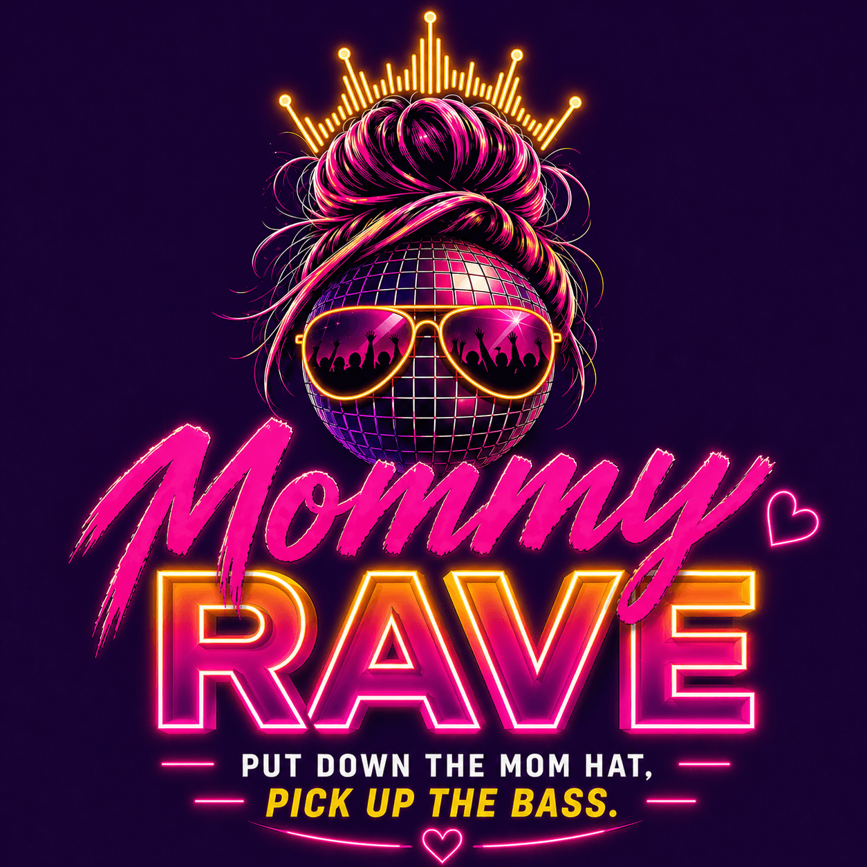 A disco ball with a bun and glasses that says Mommy Rave